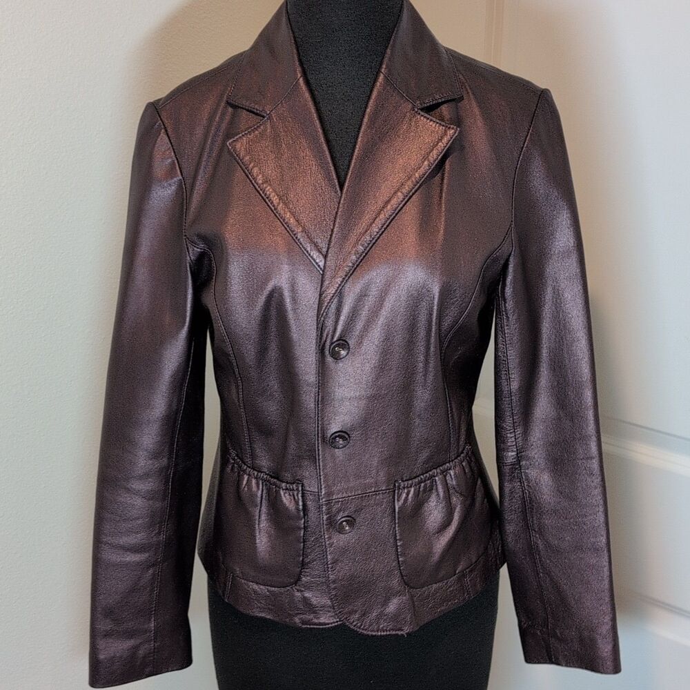 Bernardo Women's Brown Leather Blazer Jacket Button Front Lined Pockets PS